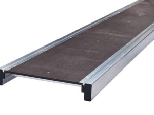 Half view of 600mm wide aluminium staging board on white background – showing full width, non-slip marine plywood deck and aluminium frame construction