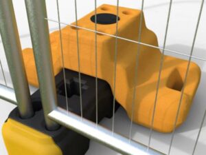 50kg high-visibility yellow concrete ballast block securely fitted over a standard Heras temporary fencing rubber foot
