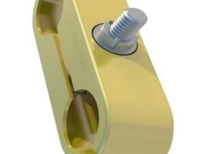Close-up of anti-tamper Heras fence coupler with tamper-resistant security bolt and nut.
