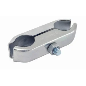 Heavy duty gripper coupler close up Heavy-Duty Gripper Coupler for Heras fencing – galvanised steel panel connector with tool-tightened bolt.
