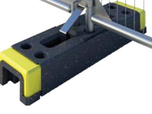 Close-up of Heras fence hi-visibility feet with yellow safety caps and black rubberised base for secure and stable temporary fencing installation