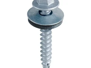 Close-up of 6.3 mm self-drilling sheet-to-timber Tek screw with single-slash point, high/low timber thread, hex head and bonded EPDM washer