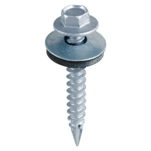 Tek screw sheet to timber 6-3mm close up Close-up of 6.3 mm self-drilling sheet-to-timber Tek screw with single-slash point, high/low timber thread, hex head and bonded EPDM washer