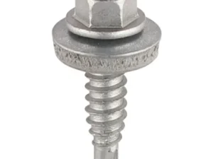Close-up of 6.3 mm self-drilling tek stitching screw with hex head, bonded EPDM washer and #3 drill point for metal roofing sheet-to-sheet laps