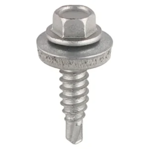Tek stitching screw 6 3mm close up Close-up of 6.3 mm self-drilling tek stitching screw with hex head, bonded EPDM washer and #3 drill point for metal roofing sheet-to-sheet laps