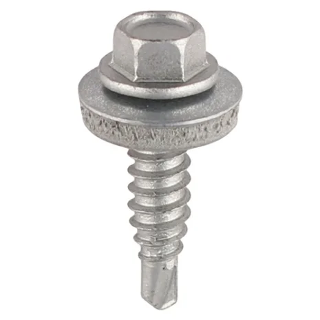 Close-up of 6.3 mm self-drilling tek stitching screw with hex head, bonded EPDM washer and #3 drill point for metal roofing sheet-to-sheet laps