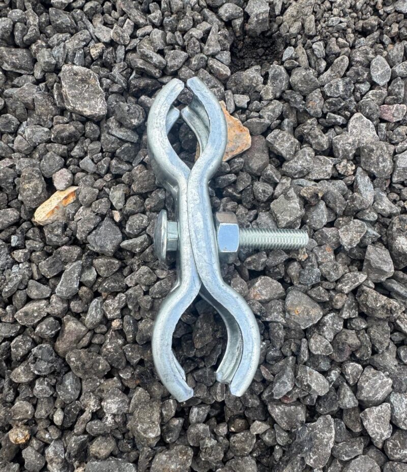 Galvanized Heras fencing clip – front view showing bolt and saddle