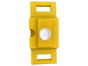 Bright yellow 20kg Safe Lift ballast blocks stacked on temporary fencing for wind stability and safe one-person lifting