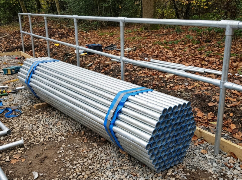 Bundle of 26.9mm x 2.5mm galvanised steel handrail tubes stacked on a construction site