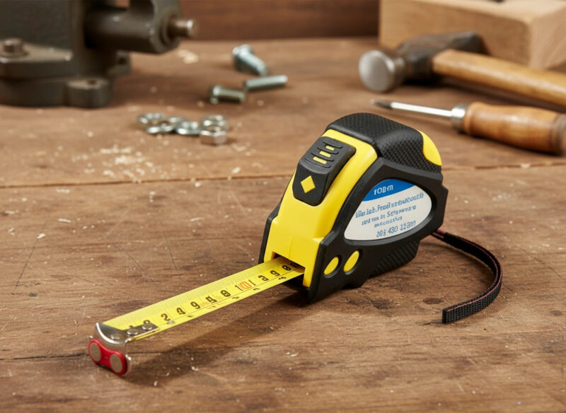 8m heavy duty magnetic tape measure with rubberised case shown on a busy workbench – ideal for scaffolders and steel fixers