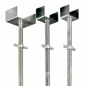 Galvanised adjustable U-head with spigot for scaffolding and acrow props, available in 4"/100mm, 6"/150mm, and 8"/200mm widths, BS1139/EN74 compliant – height-adjustable component used to securely support and level timber or steel beams in shoring, formwork, and construction systems