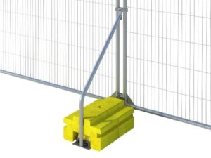 Ballast block stabiliser fitted to temporary fence panel holding 50kg yellow concrete ballast block for wind resistance