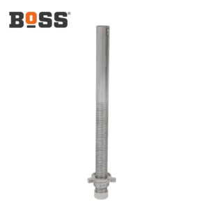 BoSS adjustable leg assembly 33551300 castor style BoSS Adjustable Leg Assembly (part 33551300) castor style with 0.624m open length, designed for levelling mobile scaffold towers on uneven surfaces and attaching castors for safe mobility.