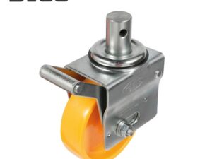 Genuine BoSS non-tyred castor with bright yellow/orange polymer wheel, integrated foot brake, swivel stem adaptor, and REVO branding for mobile access towers (150mm or 200mm sizes)