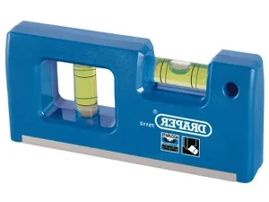 Draper Pocket Level with 2 Vials – compact blue ABS plastic mini spirit level featuring horizontal and vertical vials plus integrated 0-90° angle finder