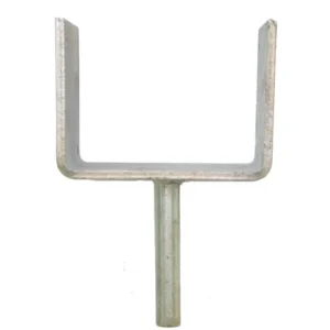 Galvanised fixed U-head with spigot for scaffolding and acrow props, available in 100mm, 150mm, and 200mm widths, BS1139 compliant – used to securely support timber beams in construction and formwork systems