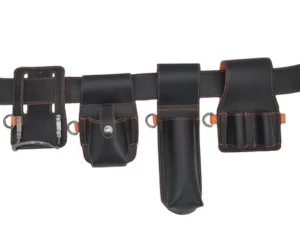 Hammer Loop Black Leather Tool Belt Kit displayed with adjustable belt, double tool holder, level holder, tape holder, hammer loop, and D-ring tether points on white background