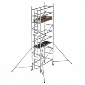 Narrow width aluminium scaffold tower with stabilisers and access platforms