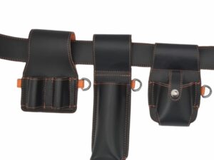 Black leather tool belt kit with double tool holder, level holder, tape holder, and D-ring tethering point for scaffolding, construction, and DIY use. Fits waists up to 48"