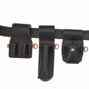 Black leather tool belt kit with double tool holder, level holder, tape holder, and D-ring tethering point for scaffolding, construction, and DIY use. Fits waists up to 48"