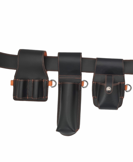 Black leather tool belt kit with double tool holder, level holder, tape holder, and D-ring tethering point for scaffolding, construction, and DIY use. Fits waists up to 48"