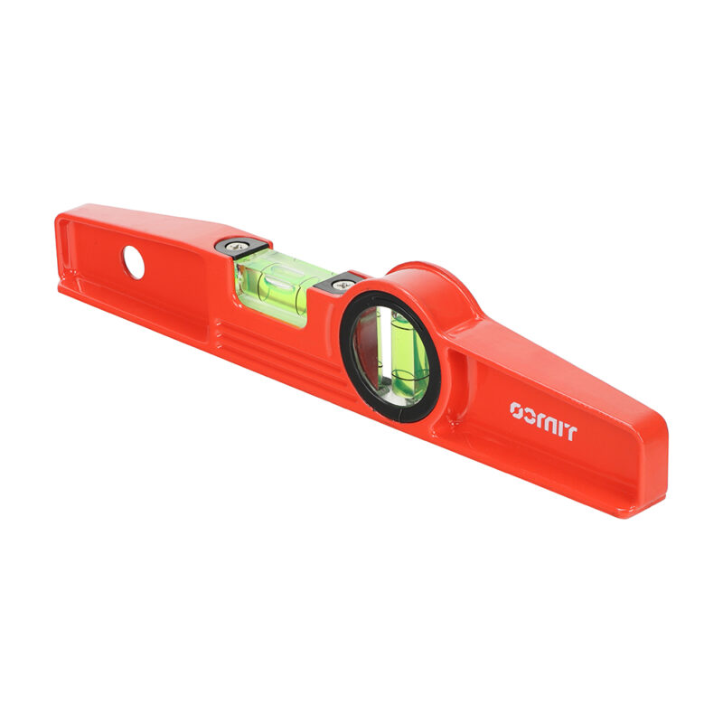 Close-up view of TIMCO Scaffolder's Magnetic Spirit Level 25cm showing horizontal and vertical vials