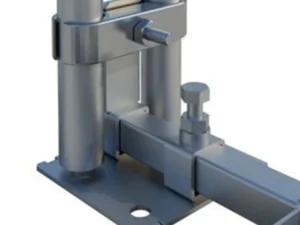 Close-up detail of Windbreaker Zero-Trip Foot showing secure coupler connection with bolt and square mount attaching to stabiliser tube for temporary fencing