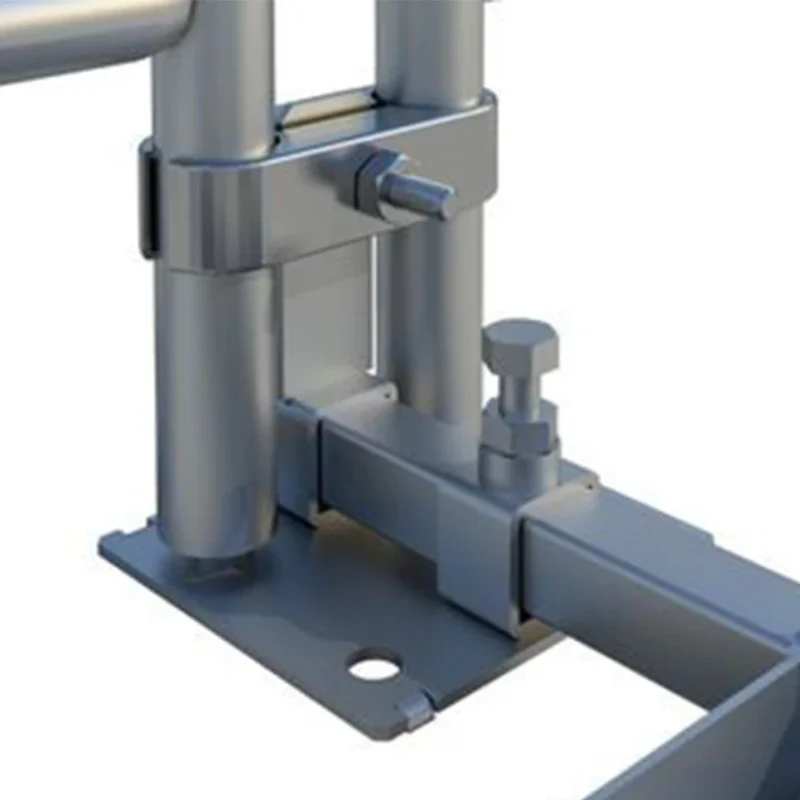Close-up detail of Windbreaker Zero-Trip Foot showing secure coupler connection with bolt and square mount attaching to stabiliser tube for temporary fencing