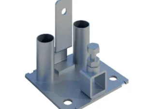 Windbreaker Zero-Trip Foot – low-profile pre-galvanised steel stabiliser base with dual upright spigots and square coupler mount for temporary fencing and hoarding systems