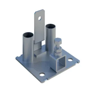 Windbreaker zero trip foot galvanised steel base Windbreaker Zero-Trip Foot – low-profile pre-galvanised steel stabiliser base with dual upright spigots and square coupler mount for temporary fencing and hoarding systems
