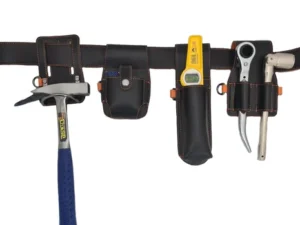 Black leather tool belt kit fully equipped with scaffolding ratchet, spanner, Stabila level, tape measure, and Estwing claw hammer