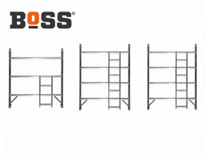 BoSS Ladderspan 1.45m width aluminium ladder frames: 2-rung (1.0m), 3-rung (1.5m), and 4-rung (2.0m) shown side by side for mobile scaffolding tower access