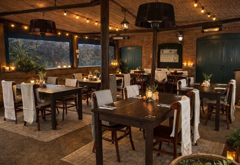 Indoor dining area in Southampton featuring bespoke tables made from 60 used 13ft scaffold boards supplied by Scaffolding Supplies For Sale.