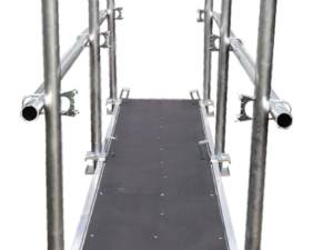 600mm wide aluminium staging board with double-sided handrails – full edge protection scaffold platform