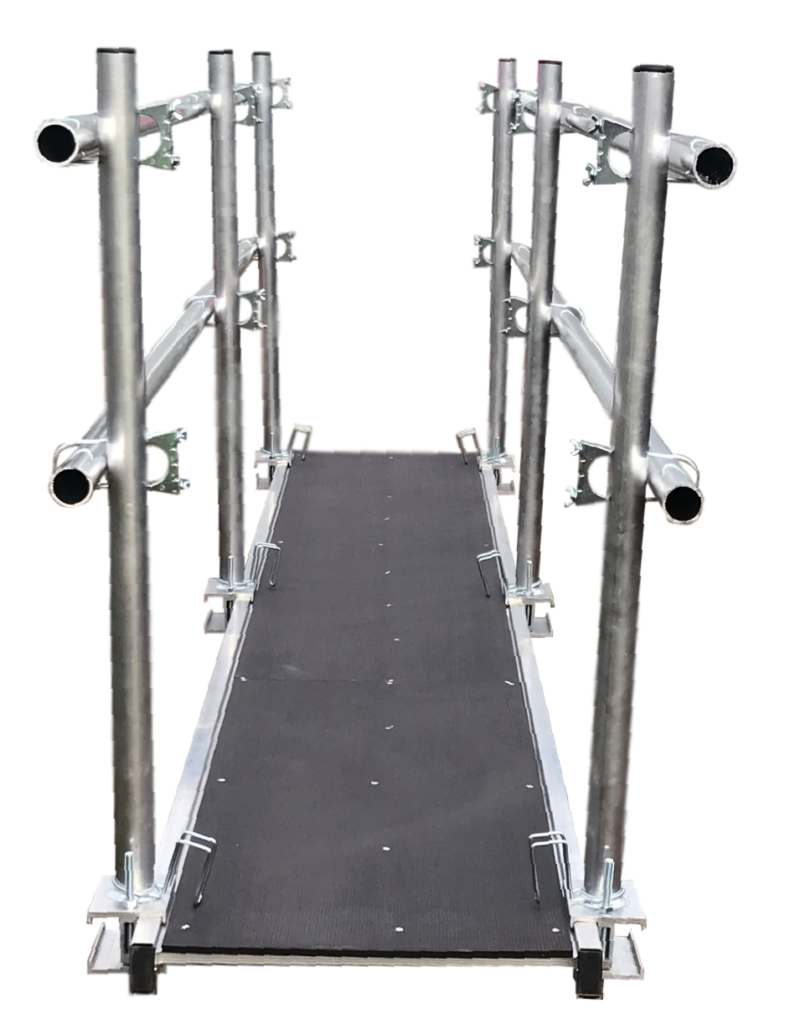 600mm wide aluminium staging board with double-sided handrails – full edge protection scaffold platform