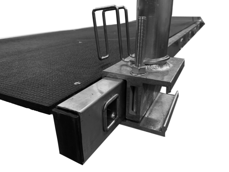 Close-up of single sided handrail clamp and post attachment on 600mm aluminium staging board – showing secure fixing mechanism and sturdy construction