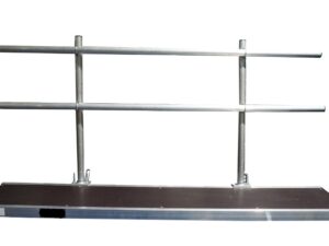 600mm wide aluminium staging board with single sided handrails – complete lightweight scaffold platform with safety edge protection BS 2037 Class 1