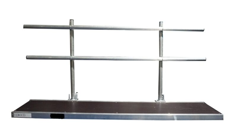 600mm wide aluminium staging board with single sided handrails – complete lightweight scaffold platform with safety edge protection BS 2037 Class 1