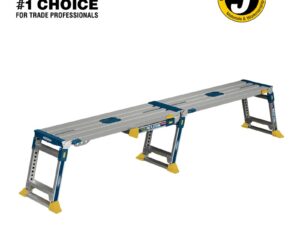 Adjustable linking PRO work platform fully extended with aluminium frame and 5 year manufacturer guarantee badge