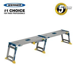 Adjustable linking pro work platform full length Adjustable linking PRO work platform fully extended with aluminium frame and 5 year manufacturer guarantee badge
