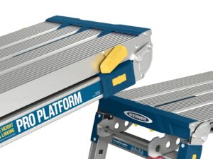 Close-up of the quick-link locking mechanism on an adjustable linking PRO work platform showing secure connection detail