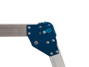 Close-up of locking hinge mechanism on compact aluminium work platform showing secure folding design