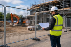 Heras fencing surrounding a construction site with a site manager reviewing plans and scaffolding in the background