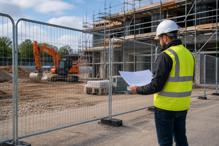 Heras fencing surrounding a construction site with a site manager reviewing plans and scaffolding in the background