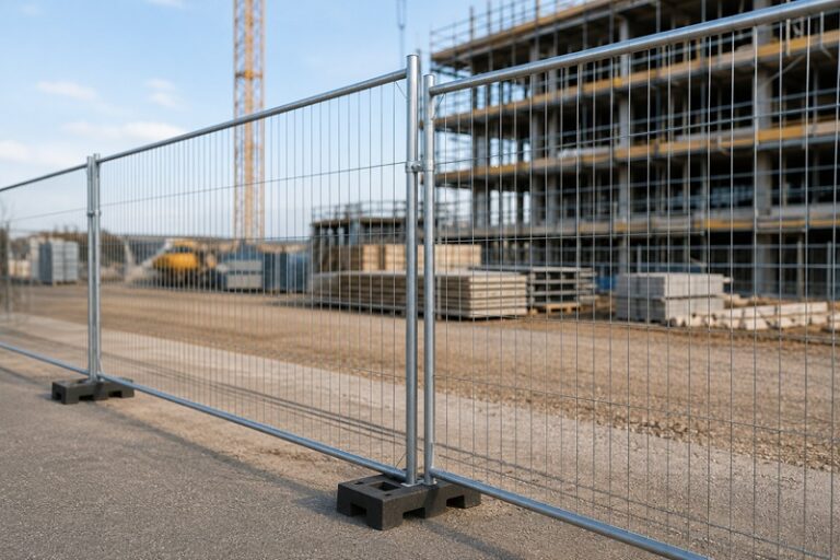 Temporary Heras fencing panels installed around a UK construction site, providing secure perimeter protection with a building under construction in the background.