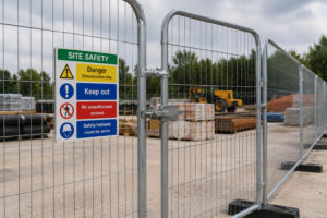 Lockable Heras fencing gate securing a construction site with safety signage and restricted access controls.