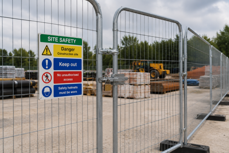 Lockable Heras fencing gate securing a construction site with safety signage and restricted access controls.