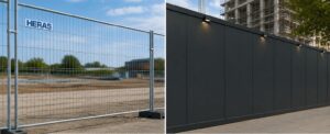 Side-by-side comparison of Heras fencing and site hoarding at a construction site, showing the transparent mesh design of Heras fencing versus the solid privacy panels of hoarding.