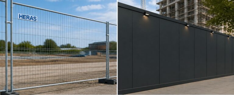 Side-by-side comparison of Heras fencing and site hoarding at a construction site, showing the transparent mesh design of Heras fencing versus the solid privacy panels of hoarding.