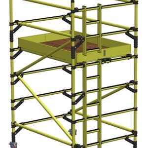 Compact GRP fibreglass scaffold tower with trapdoor platform, internal ladder access, guardrails and lockable castors for electrical and maintenance work.